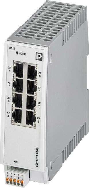 Ein grauer Netzwerk-Switch mit acht Ethernet-Ports in zwei vertikalen Reihen. Modellbezeichnung 'Switch-2000' auf der Vorderseite.