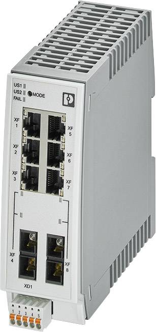 Industrie-Switch mit mehreren Ethernet-Ports und Statusanzeigen, geeignet für die Montage in Schaltschränken zur Netzwerkverbindung.