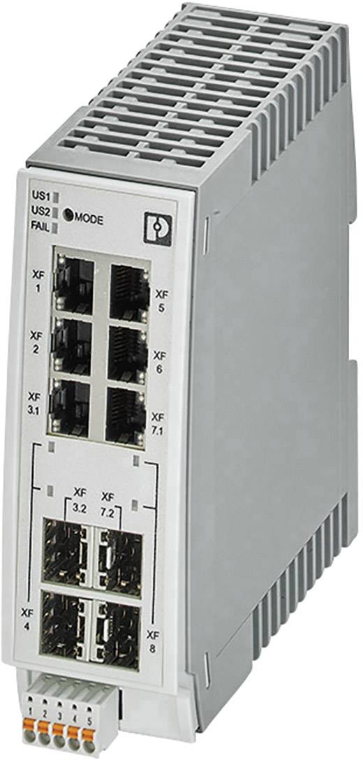 Industrie-Ethernet-Switch mit mehreren RJ45- und SFP-Ports zur Netzwerkverbindung; DIN-Schienenmontage, graues Gehäuse.