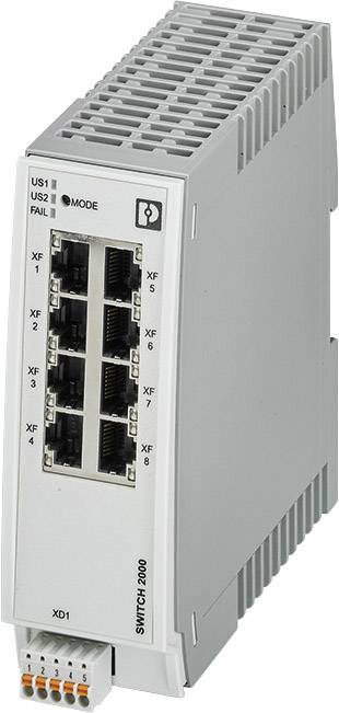 Netzwerk-Switch-Modul mit acht Ethernet-Ports, beschriftet von XF1 bis XF8, Anzeige-LEDs für Status anzeigen oben.