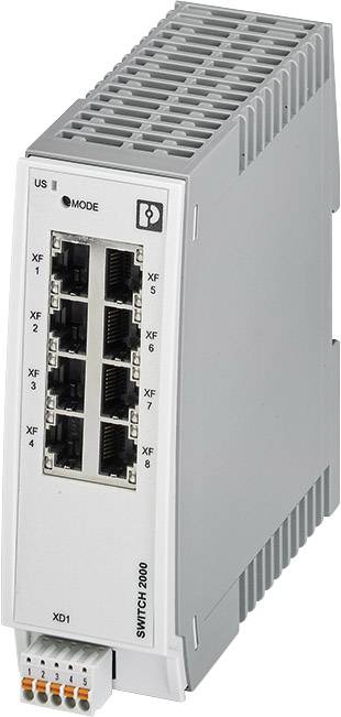 Ein grauer und weißer Netzwerkswitch, Modell 'SWITCH-2000', mit 8 Ethernet-Ports und einem Anschluss an der Unterseite.