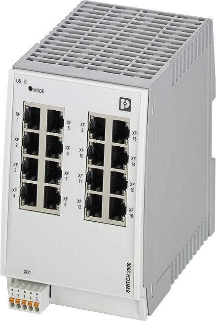 Ein grauer Ethernet-Switch mit sechzehn RJ45-Ports, nummeriert von 1 bis 16. Es handelt sich um ein Switch-Modell 2000.