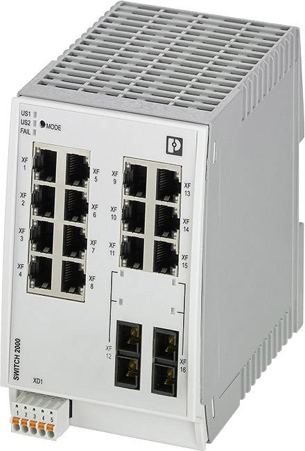 Industrieller Ethernet-Switch mit 16 Ports für Netzwerkverbindungen, geeignet für industrielle Anwendungen, graues Gehäuse.