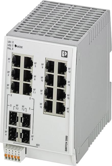 Industrieller Ethernet-Switch mit mehreren Ethernet-Ports auf Vorderseite; kompakte, rechteckige Bauweise; geeignet für Schaltschrankmontage.
