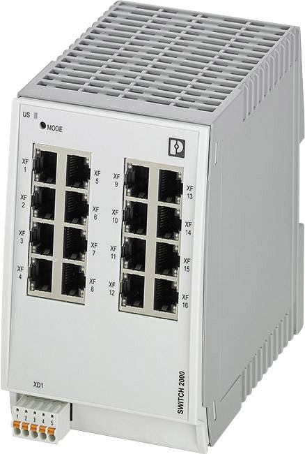 Industrieller Switch mit 16 Ethernet-Ports, USB-Anschluss und Statusanzeige. Gehäuse in Grau, geeignet für DIN-Schienenmontage.