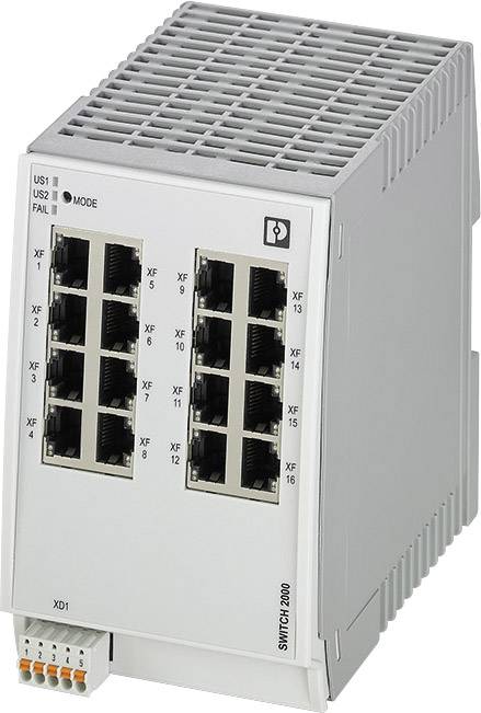 Industrie-Netzwerkswitch mit 16 Ethernet-Ports, montiert auf einer DIN-Schiene. Eignet sich für industrielle Automatisierungsanwendungen.