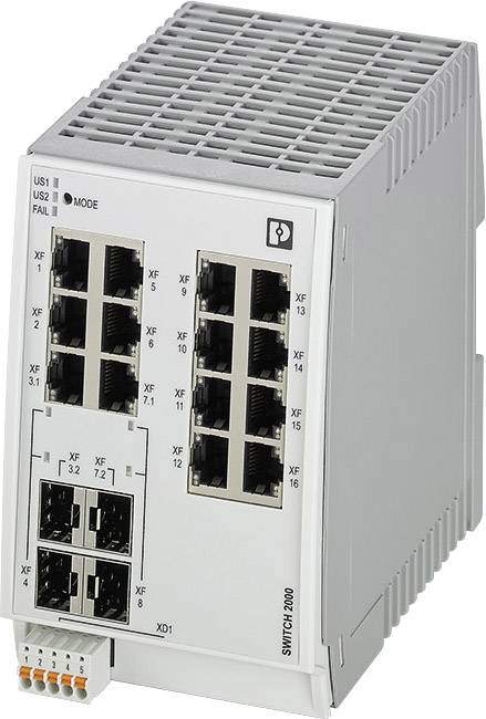 Ein industrieller Ethernet-Switch mit mehreren RJ45-Ports, LED-Anzeigen für Status und Fehler. Dient zur Netzwerkverbindung in einem Schaltschrank.