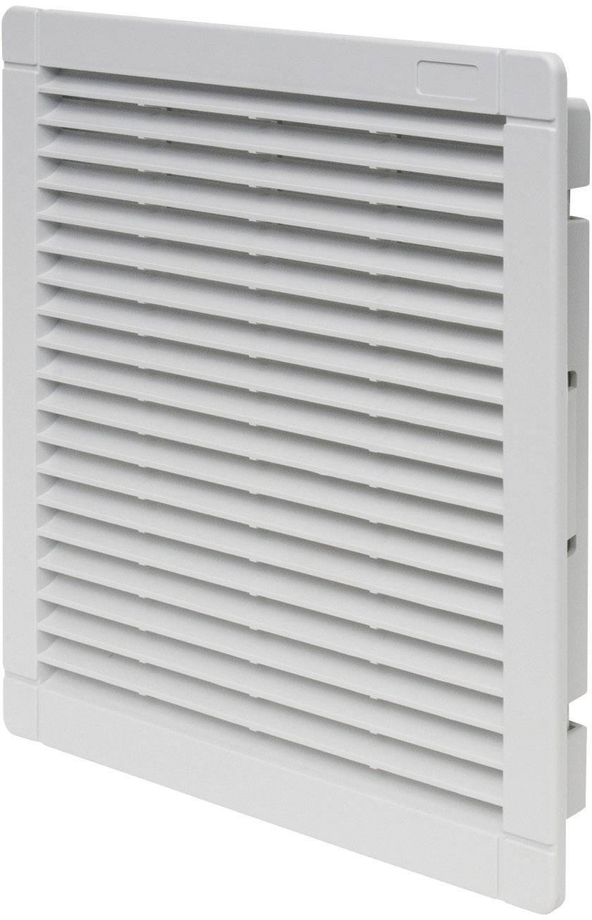 Ein rechteckiger, grauer Lüftungsgittereinsatz aus Kunststoff mit horizontalen Lamellen, bietet Belüftung und Schutz.