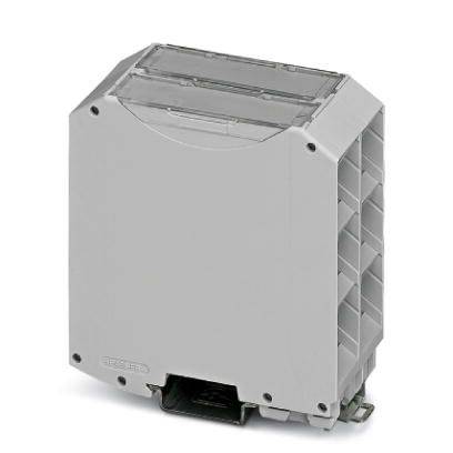Ein graues, rechteckiges Gehäuse mit zwei transparenten Abdeckungen an der Oberseite. Es wird in elektronischen Anwendungen verwendet.