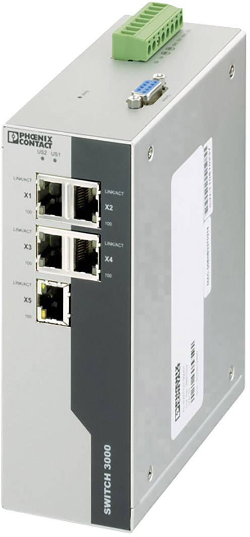 Ein industrieller Netzwerkswitch von Phoenix Contact mit fünf Ethernet-Ports und einem grünen Anschlussblock oben zur Datenverteilung.