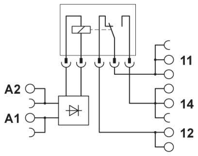 Schaltplan eines elektrischen Relais mit Anschlüssen A1, A2 und 11, 12, 14. Zeigt eine Diode und interne Schalterverbindungen.
