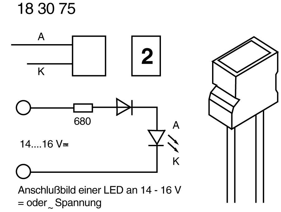 Schaltplan zum Anschließen einer LED mit Widerstand an 14-16 V Wechselspannung. Zeigt Schaltungssymbole und Polung der Diode.