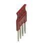 Ein roter Jumper-Stecker mit mehreren Metallstiften, verwendet zur Verbindung oder Konfiguration von Leiterplatten.