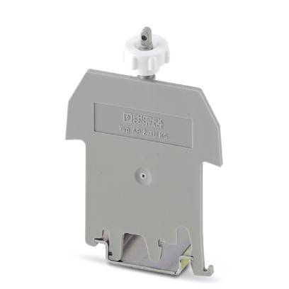 Grauer Halter mit einem kleinen, weißen, drehbaren Hebel oben. Das Objekt wirkt funktional, möglicherweise für Elektrogeräte.