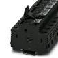 Ein schwarzer Adapter oder Stecker mit mehreren Anschlüssen, verwendet in elektronischen oder elektrischen Anwendungen.