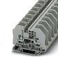 Ein graues, mehrstöckiges Reihenklemmensystem aus Kunststoff zur elektrischen Verbindung in Schalttafeln.