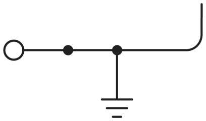 Elektrisches Schaltzeichen für eine Erdungsschaltung mit Erdungssymbol, zwei Knoten und abgehender Leitung.