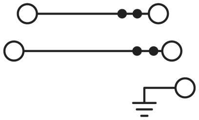Drei elektronische Schaltzeichen: oben ein einfacher Draht, in der Mitte ein Draht mit zwei Knoten, unten ein Symbol für Erdung.