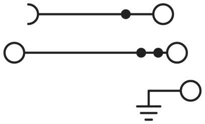 Drei elektrische Schaltzeichen: ein offener Schalter oben, ein geschlossener Schalter in der Mitte, eine Erdung unten rechts.