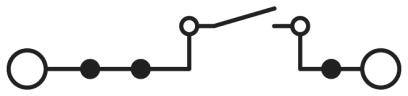Schaltkreisschema mit zwei Schaltern und drei Verbindungspunkten auf beiden Seiten. Der erste Schalter ist klein, der zweite groß.