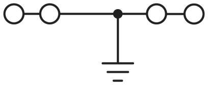 Elektrisches Symbol: Sichtbare Erdung mit horizontalem Leiter. Vier verbundene Kreise oben, ein Erdungssymbol in der Mitte unten.
