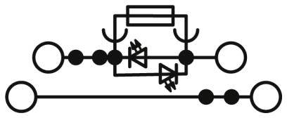 Elektrischer Schaltplan mit Dioden und Schalter. Oben mittig zwei gegenläufige Dioden, unten zwei parallele Leitungen.