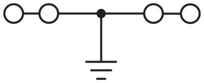 Elektrisches Schaltplansymbol: Drei verbundene Kreise auf einer Linie mit einem vertikalen Erdungszeichen darunter in der Mitte.