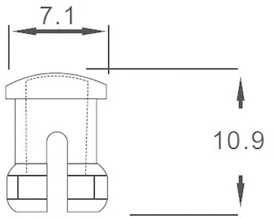 Technische Zeichnung eines Bauteils mit Abmessungen: Breite 7,1 cm, Höhe 10,9 cm.