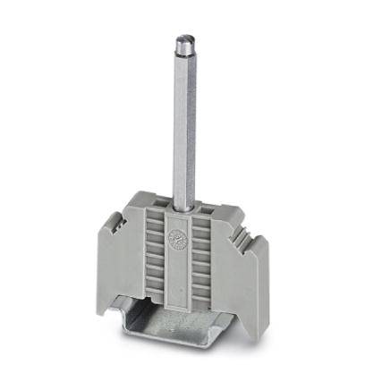 Grauer Montageadapter aus Kunststoff mit Metallstift, links und rechts mit gerillten Seitenflügeln, zur Befestigung in elektrische Anlagen.