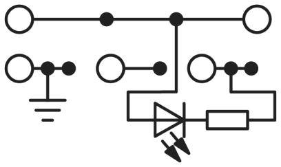 Diagramm eines elektrotechnischen Schaltplans mit verschiedenen Schaltungssymbolen wie Widerstände, Dioden und Erdung.