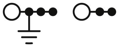 Zwei Schaltsymbole: Links ein Erdsymbol mit verbundener Linie und drei Punkten oben; rechts ein Symbol ohne Erdung, nur mit Punkten.