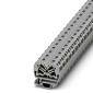 Ein graues, rechteckiges LEGO-Technic-Bauteil, perforiert mit gleichmäßigen Löchern entlang der Länge, auf weißem Hintergrund.