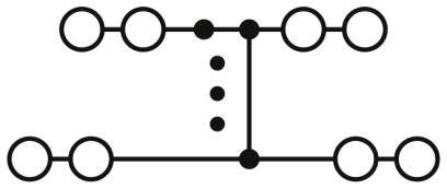 Ein Diagramm zeigt zwei parallele Linien mit verbundenen Kreisen, die durch vertikale Striche und Punkte verbunden sind, möglicherweise ein Schaltplan.