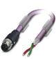 Ein violettes Kabel mit einem abgetrennten Ende und einem runden Stecker mit mehreren Pins.