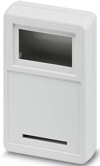 Ein rechteckiges, weißes Kunststoffgehäuse mit einem transparenten Fenster und zwei Schlitzen, geeignet für elektronische Komponenten.