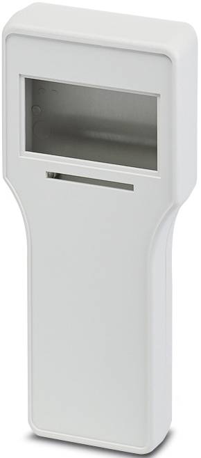 Ein weißes elektronisches Gerät mit rechteckigem Bildschirm und Schlitz darunter, möglicherweise zur Anzeige oder Dateneingabe.