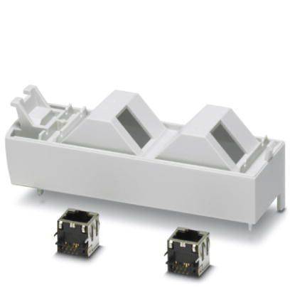 Ein weißer modularer Netzwerkadapter mit zwei RJ45-Netzwerkanschlüssen, geeignet für den Einsatz in Verkabelungssystemen.