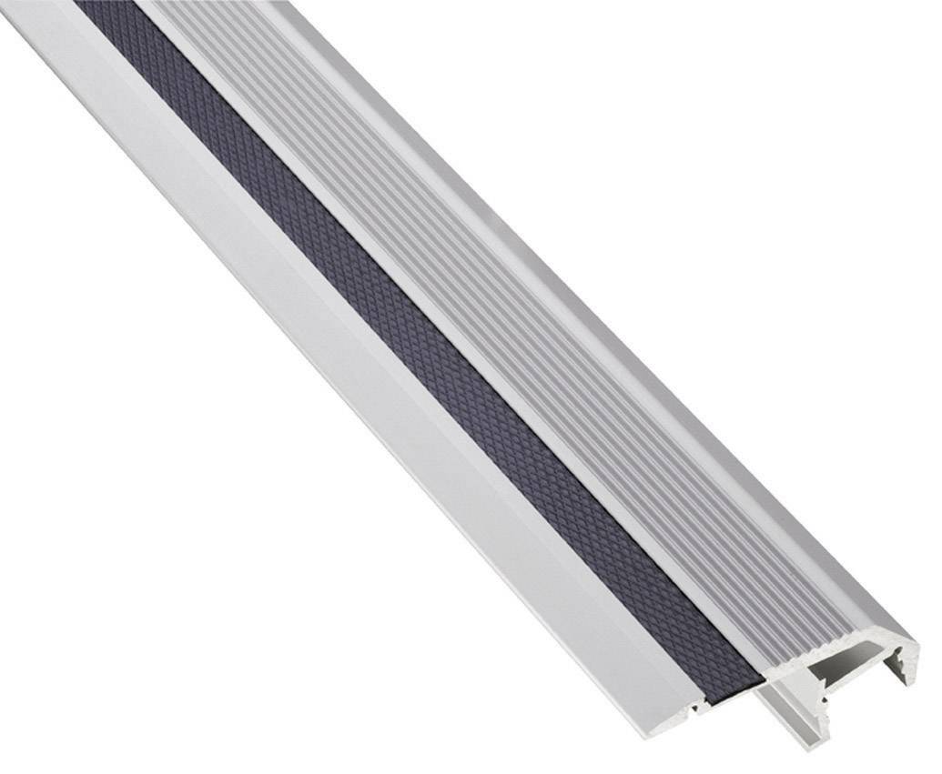 Silberner Türkantenschutz mit rutschfester schwarzer Oberfläche, rechts abgeschrägt. Verhindert Beschädigungen und erhöht die Sicherheit.