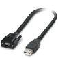 Ein schwarzes USB-Kabel mit einem USB-A-Stecker auf der einen Seite und einem speziellen Anschluss auf der anderen Seite.