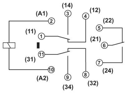 Schaltplan eines Relais mit Nummern zur Identifizierung von Verbindungen. Zeigt Kontakte, Spulen (A1, A2) und Schaltpositionen.