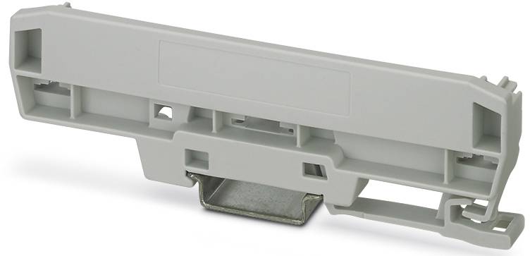 Graue Halterung aus Kunststoff mit metallener Basis, verwendet zur Befestigung auf einer DIN-Schiene in elektrischen Anwendungen.