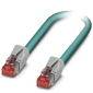 Ein blaues Ethernet-Kabel mit roten Steckern an beiden Enden, häufig verwendet zur Netzwerkverbindung zwischen Geräten.