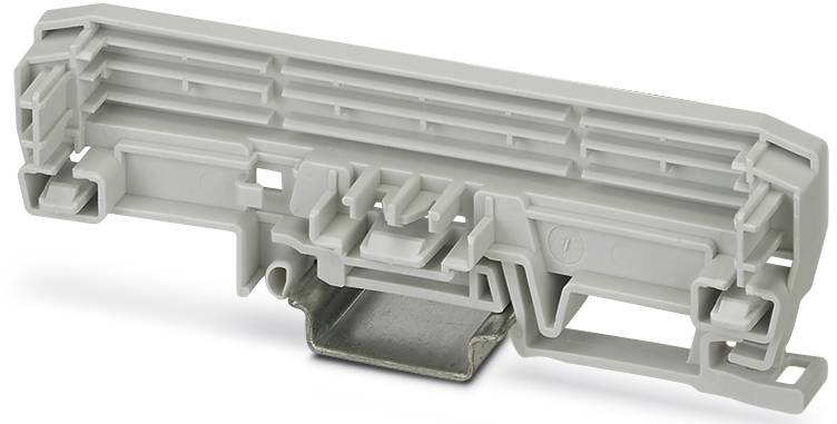 Graues Kunststoff-Klemmengehäuse mit mehreren Fächern und Metallbasis, vermutlich für elektrische Anwendungen.