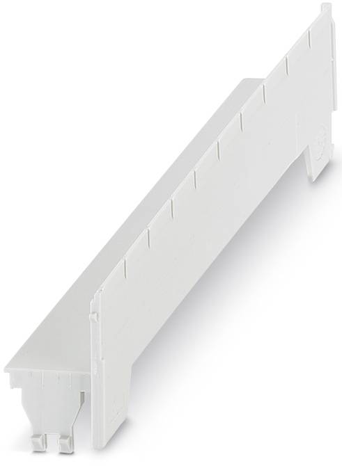 Ein weißes, rechteckiges Kunststoffteil mit gezackten Kanten, das möglicherweise als Trennwand oder Halterung dient.