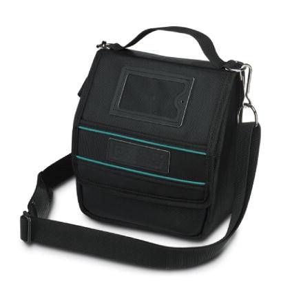 Schwarze Schultertasche mit Tragegriff und verstellbarem Schultergurt, geeignet für Lunchboxen oder kleine Gegenstände.