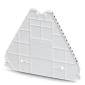 Ein weißes, dreieckiges Objekt mit einer geriffelten Oberfläche und zwei kleinen runden Öffnungen in der Mitte.