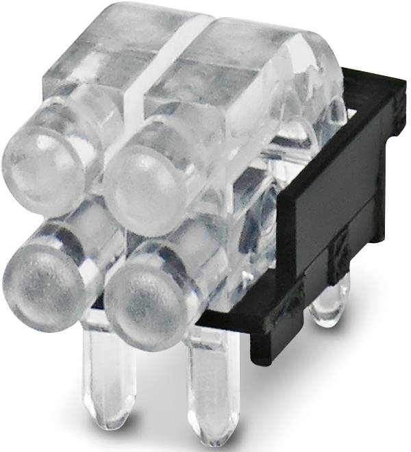 Vierfach-LED-Modul mit transparentem Gehäuse und schwarzen Details, geeignet zur Montage auf Leiterplatten.