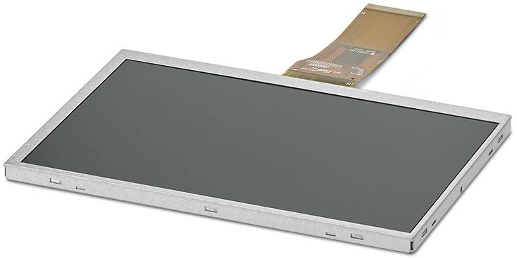 Ein rechteckiger LCD-Bildschirm mit einem braunen Anschlusskabel an der Oberseite.
