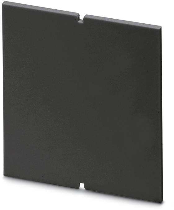 Eine schwarze Abdeckplatte mit rechteckiger Form und abgeschrägten Kanten.