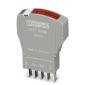 Ein grauer elektronischer Adapter mit Metallstiften und rotem Akzent oben, wahrscheinlich für Elektronik- oder Computeranschlüsse.